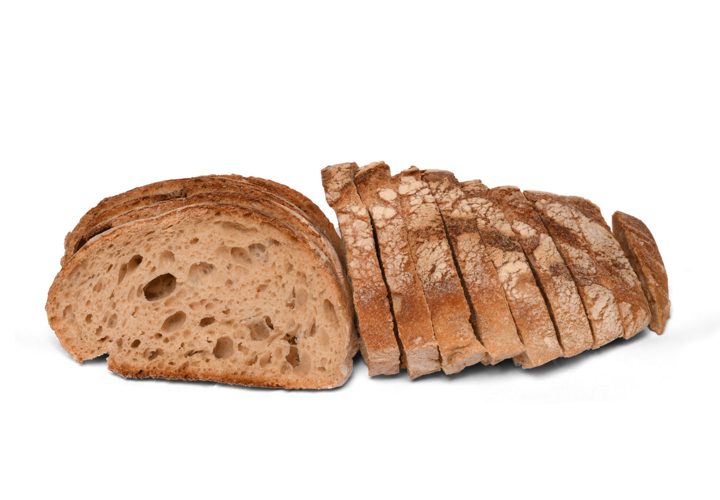 Pâine cu maia artizanală, 400g, feliata, neambalată fundal alb – Michael Artisan Bakery