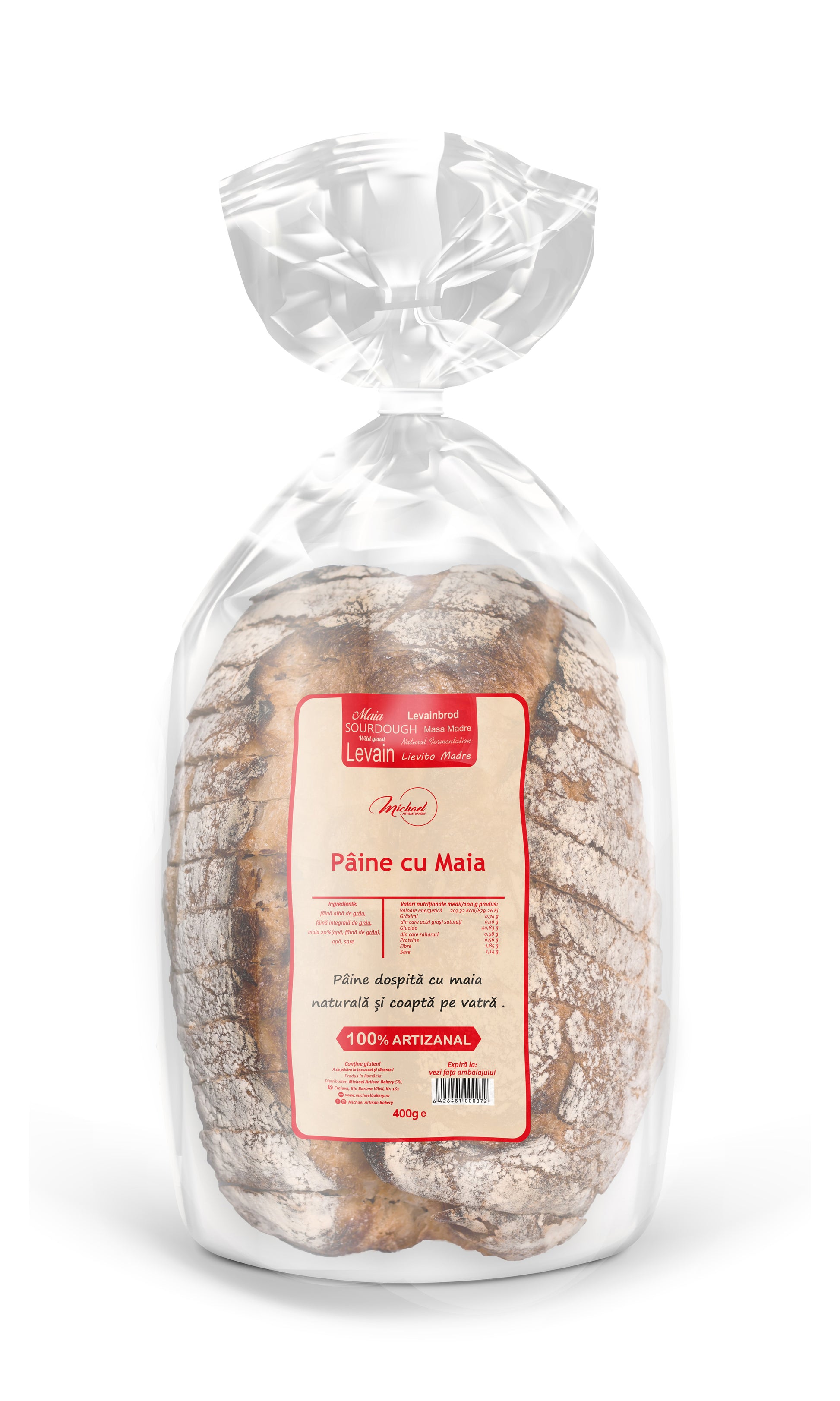 Pâine cu maia artizanală, 400g, ambalată în folie transparentă pe fundal alb – Michael Artisan Bakery