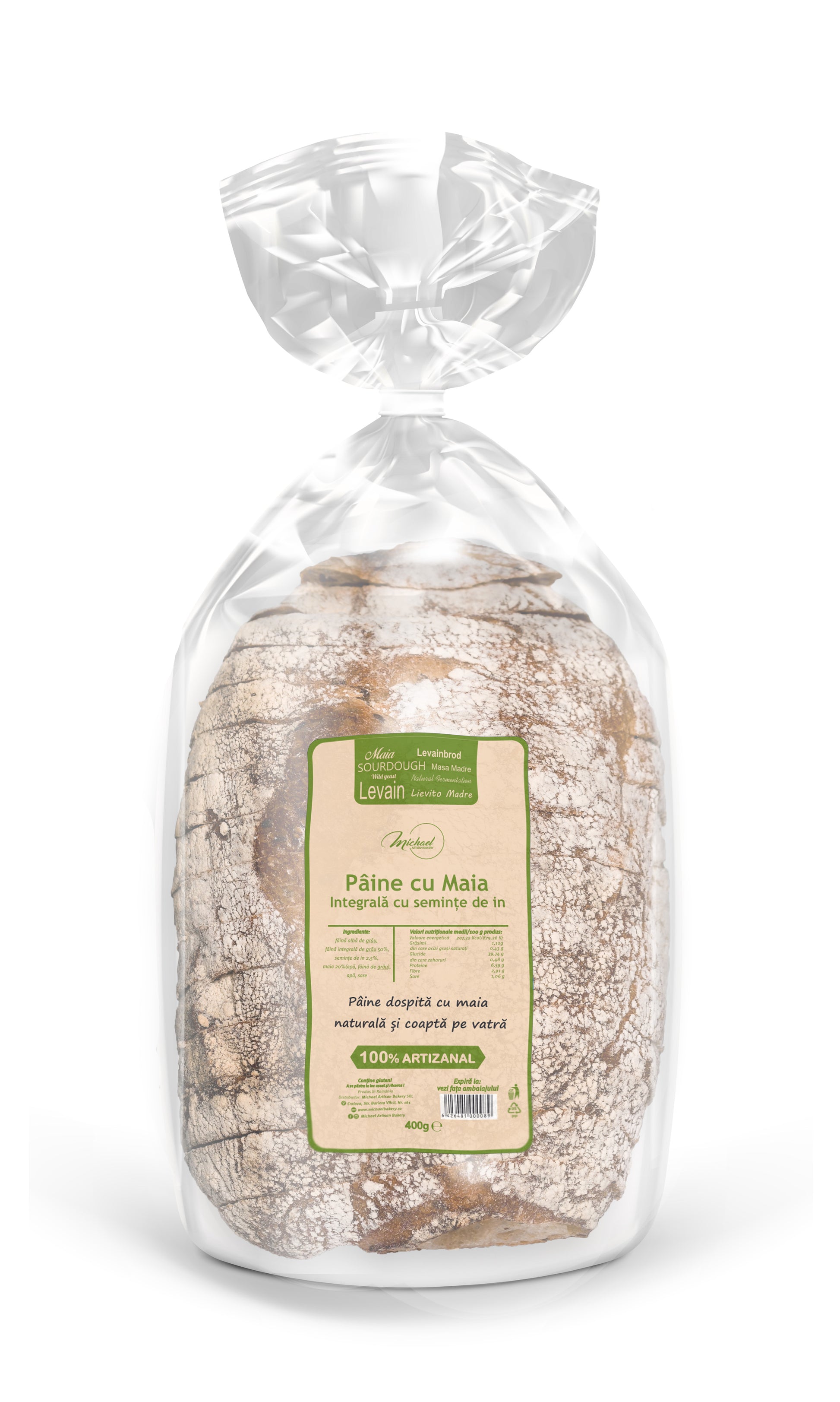 Pâine cu maia integrală cu semințe de in, produs artizanal din brutăria Michael Artisan Bakery, ambalată în folie transparentă pe fundal alb