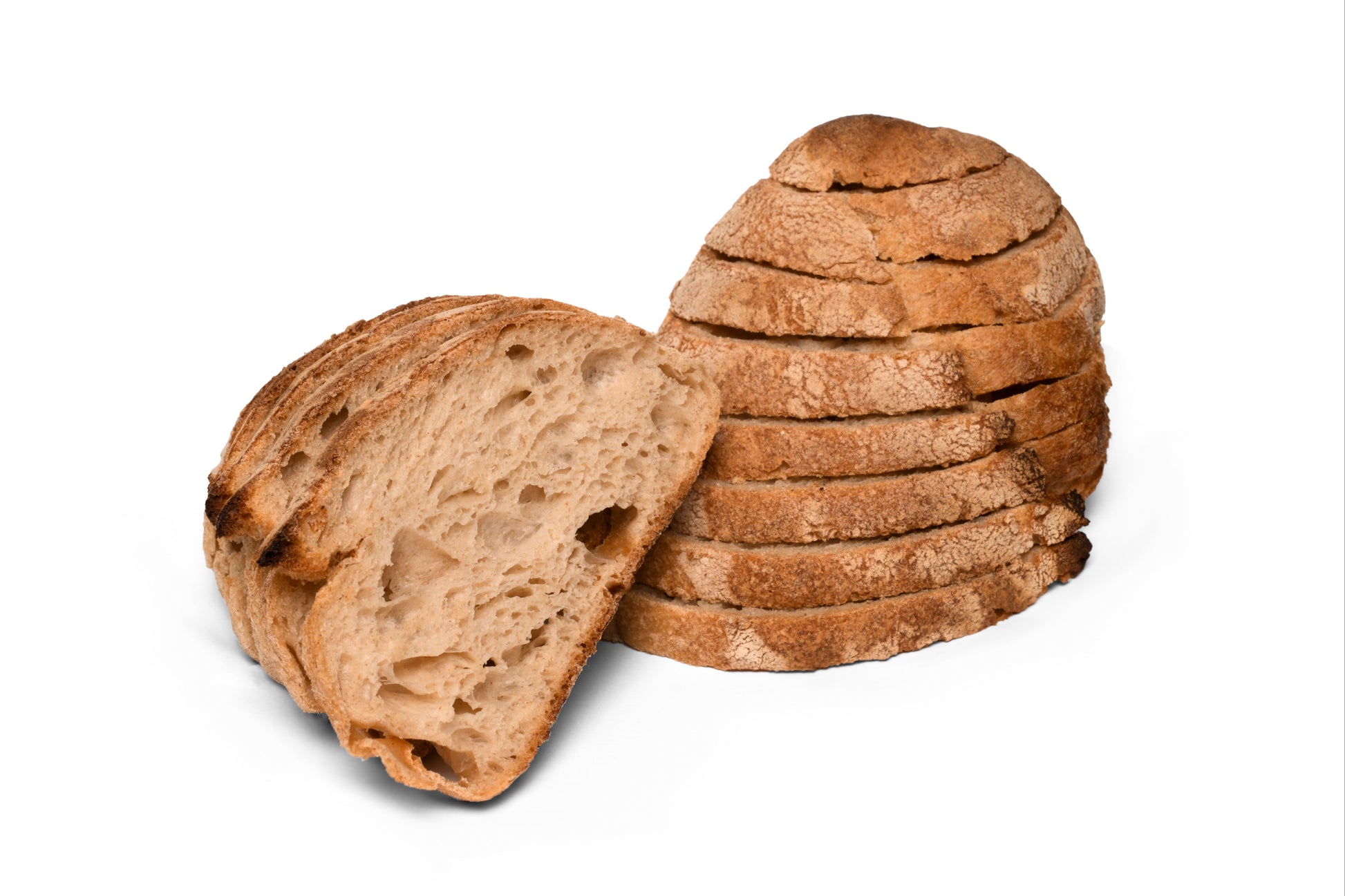 Pâine cu maia artizanală naturală, 400g, neambalată pe fundal alb, feliata – Michael Artisan Bakery