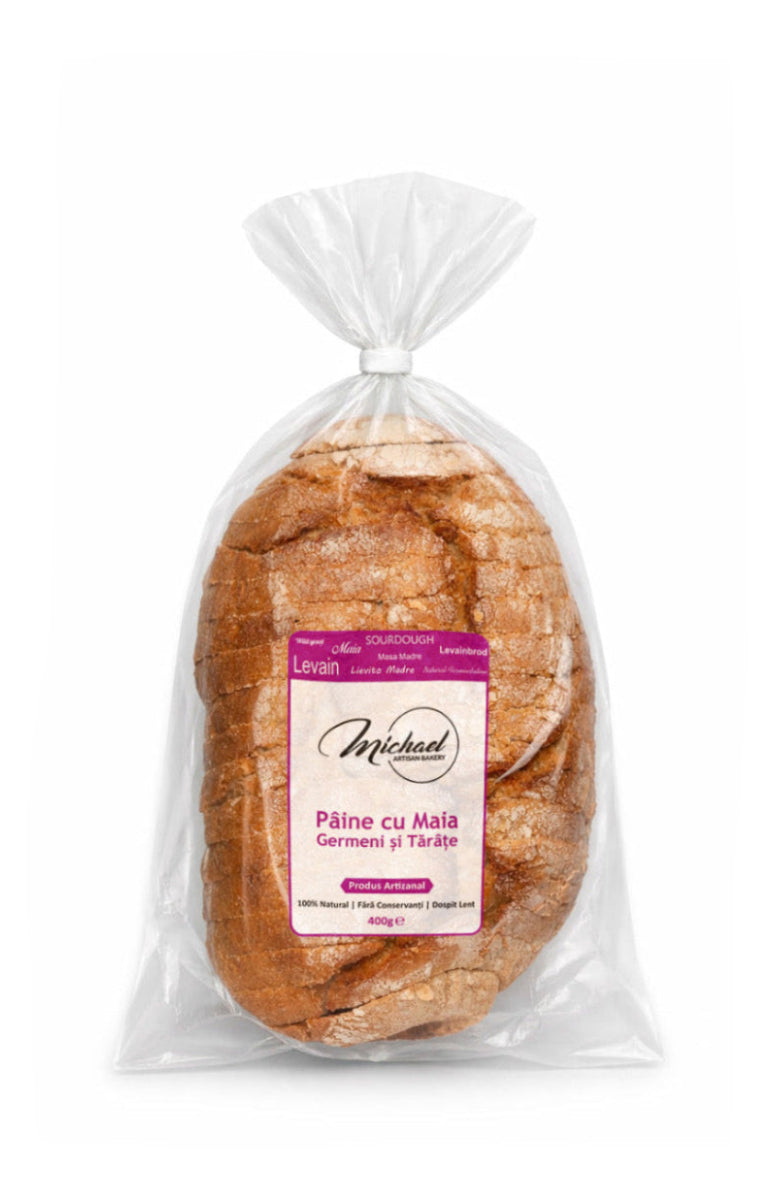 Pâine artizanală cu maia, germeni și tărâțe – 400g, ambalată în folie transparentă, produs Michael Artisan Bakery